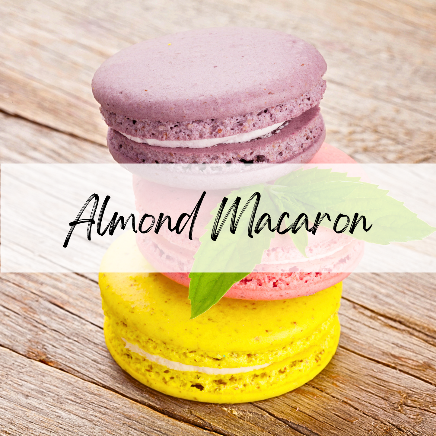 Almond Macaron Candle label featuring three colorful macaron cookies on wooden surface with 'Almond Macaron' text overlay.
