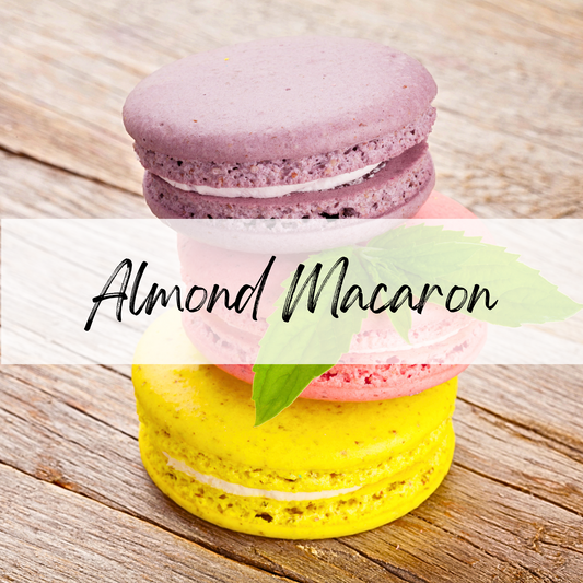 Almond Macaron Candle label featuring three colorful macaron cookies on wooden surface with 'Almond Macaron' text overlay.