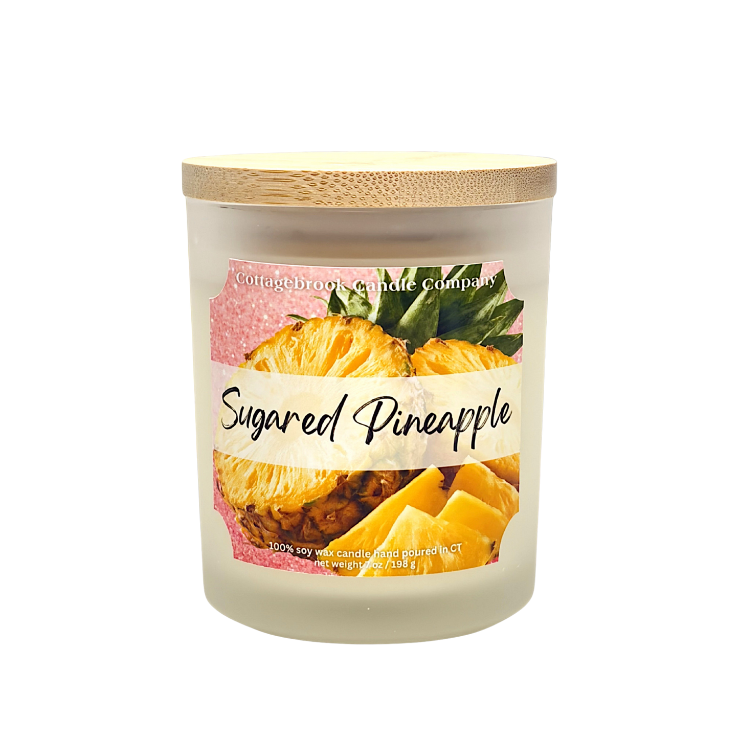 Cottagebrook Candle Company Sugared Pineapple soy wax candle in a frosted glass jar with a natural bamboo lid.